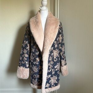 Forever 21 Faux Fur Lined Jacquard Floral Printed Long Winter Coat